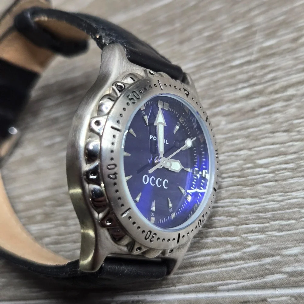 Fossil Blue PR5056 Quartz Watch Blue Dial OCCC Logo Black Leather Strap Working